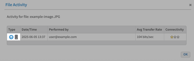 The file activity popup that opens when you click the activity button ...