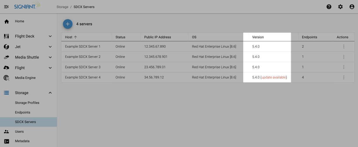 Check the Version column to see the SDCX Server software version number ...